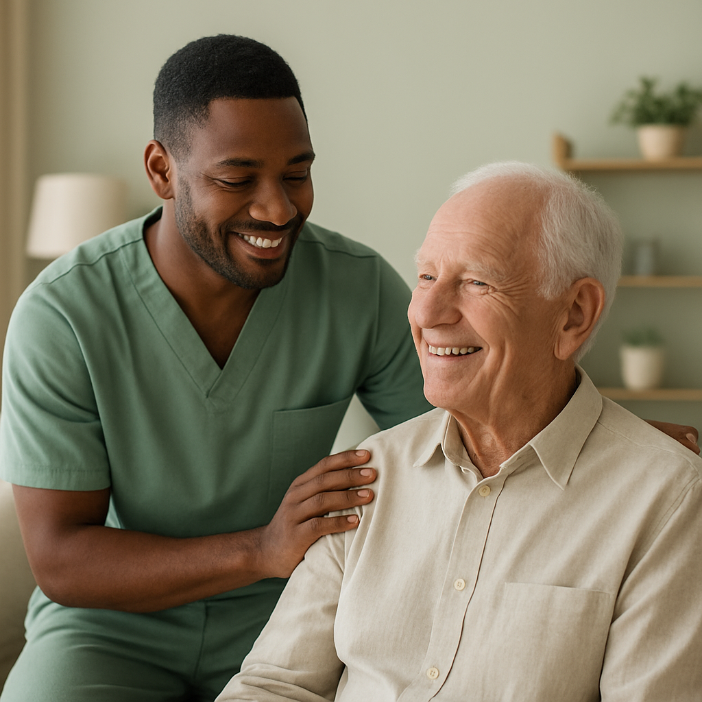 A carer supporting an older man with a walking frame at home