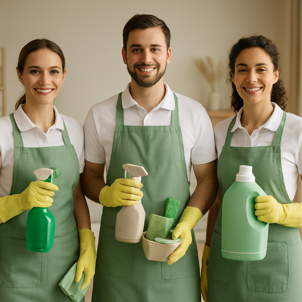 A professional cleaning team in a tidy home