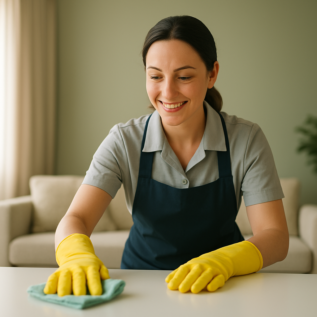 A professional cleaner tidying a bright, modern living room