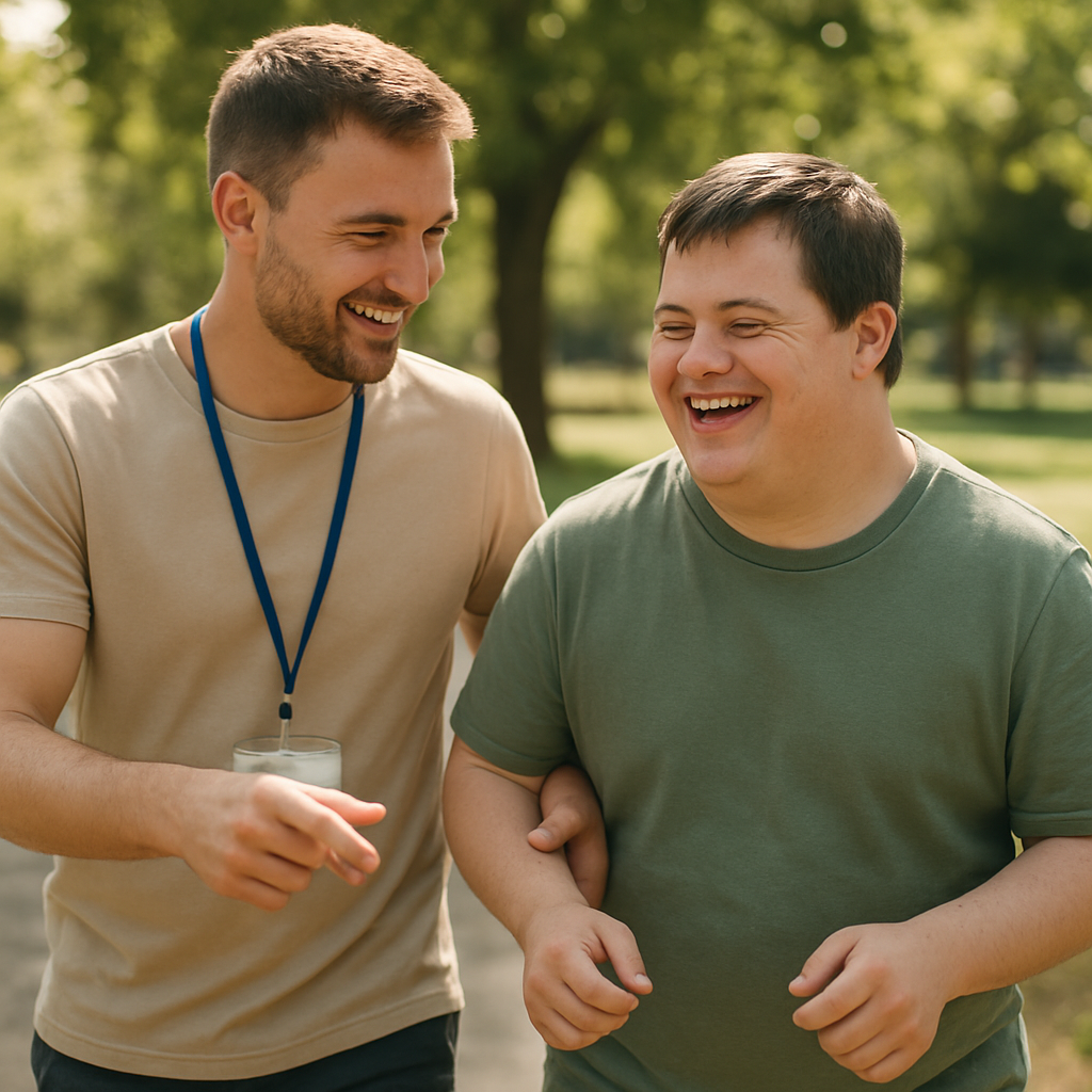 A support worker encouraging a smiling young adult during a community activity outdoors